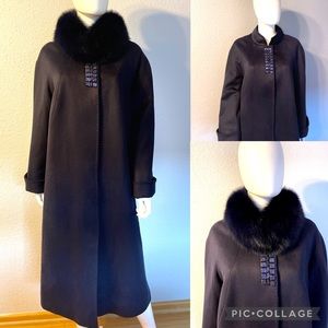 WOMEN PLUS SIZE LONG COAT CASHMERE BLEND‎ NAVY REAL FUR RAGLAN SLEEVES OVERSIZED